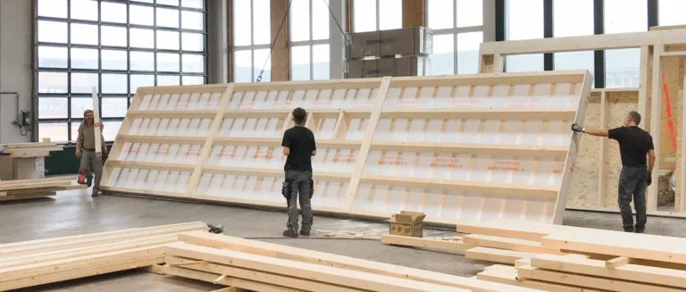 Drei Personen stehen in einer großen Werkstatt mit hohen Fenstern und arbeiten gemeinsam daran, ein großes Wandteil aus Holz zu verschieben oder zu montieren. Auf dem Boden sind Stapel von Holz und Baumaterialien zu sehen.