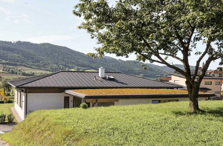 Ein modernes weißes Haus mit einem flachen, dunklen Dach steht auf einem grasbewachsenen Hügel. Über dem Eingang ist ein begrünter Teil des Daches zu sehen, und im Vordergrund spendet ein Baum Schatten. Im Hintergrund sind Hügel und bewaldete Berge zu sehen.