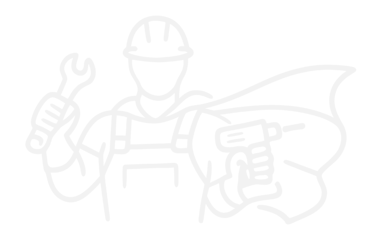 Strichzeichnung einer Person, die einen Schutzhelm und einen Overall trägt, einen Schraubenschlüssel in der einen und einen Akkubohrer in der anderen Hand hält, wobei ein Umhang hinter ihr weht, was auf ein Superhelden-Thema hindeutet.